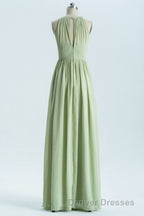 Sage Green Chiffon High Neck Long Bridesmaid Dress