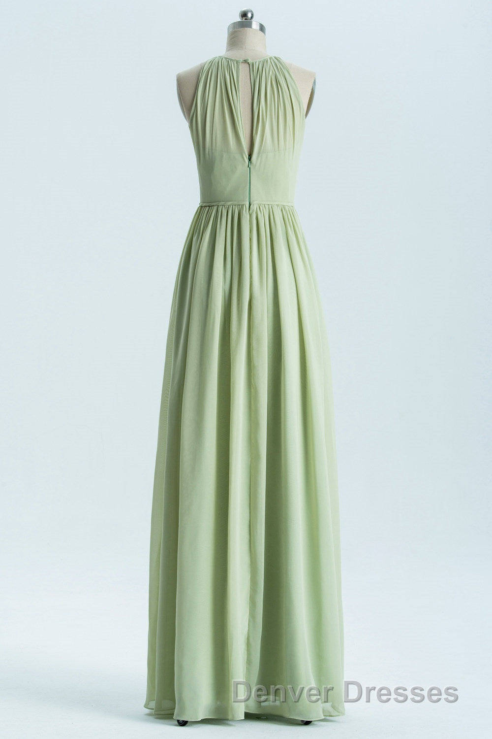 Sage Green Chiffon High Neck Long Bridesmaid Dress