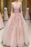Lace Appliques Pink A LineTulle Long Prom Dress With Straps