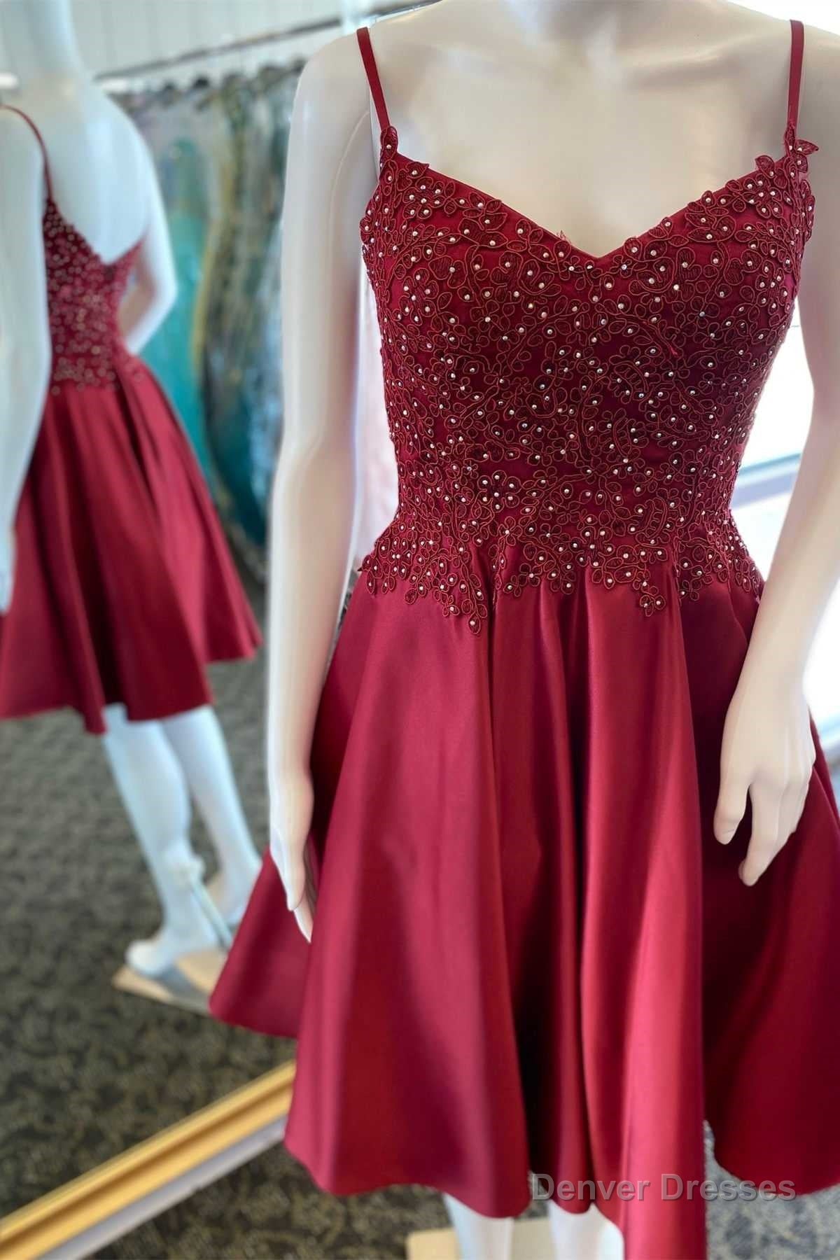 A-Line Wine Red Beaded V-Neck Homecoming Dress Main image