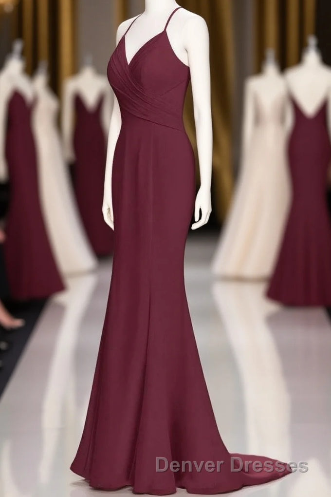 Burgundy Chiffon Spaghetti Straps A-line Long Bridesmaid Dress Main image