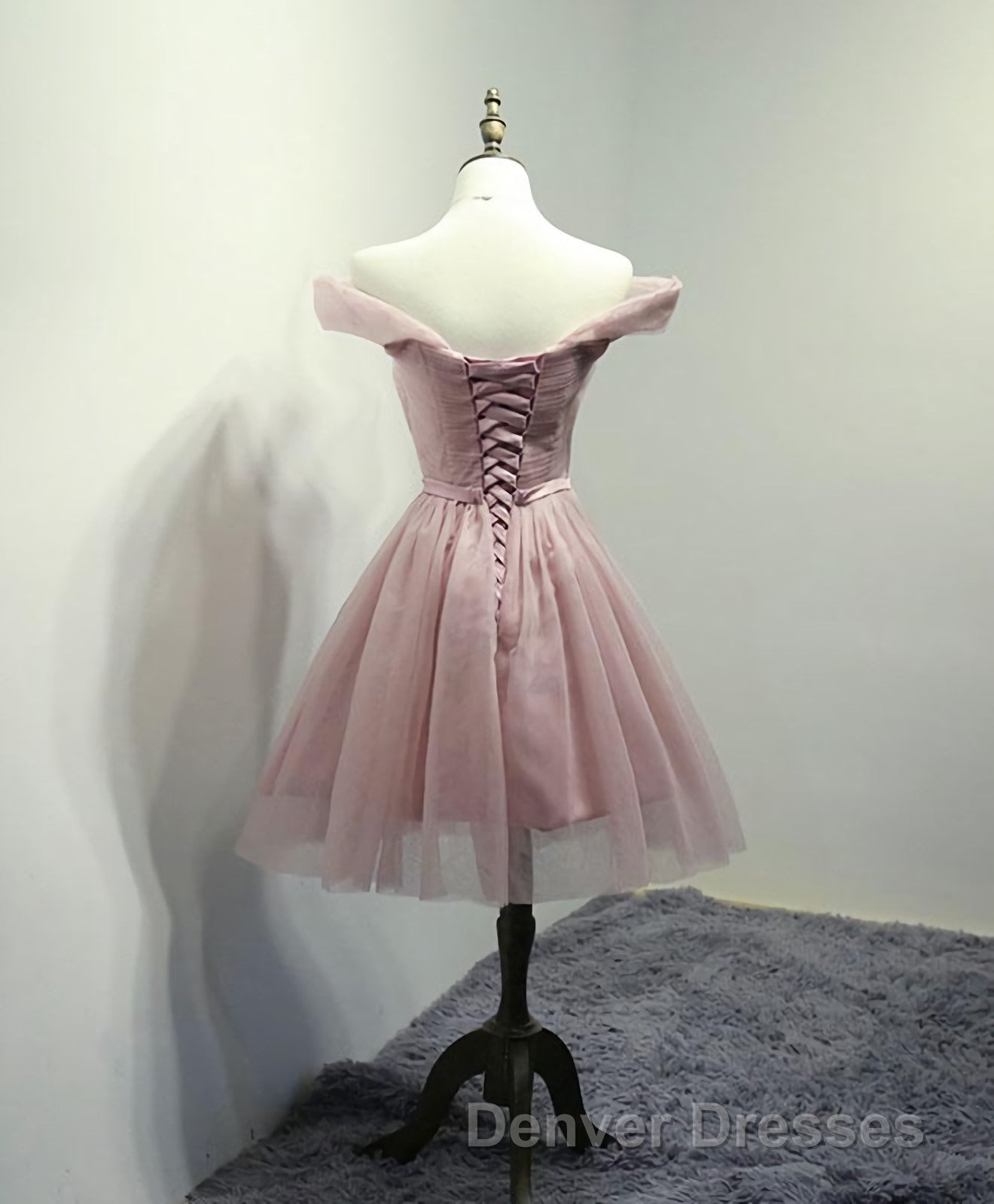 Simple V Neck Tulle Off Shoulder Short Prom Dress, Pink Homecoming Dress Secondary image