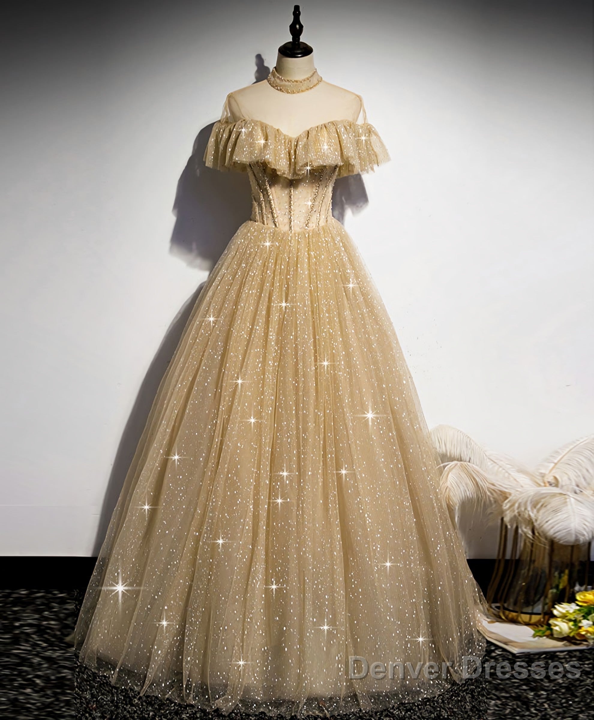 Gold Tulle Sequin Long Prom Dress, Gold Tulle Bridesmaid Dress Main image