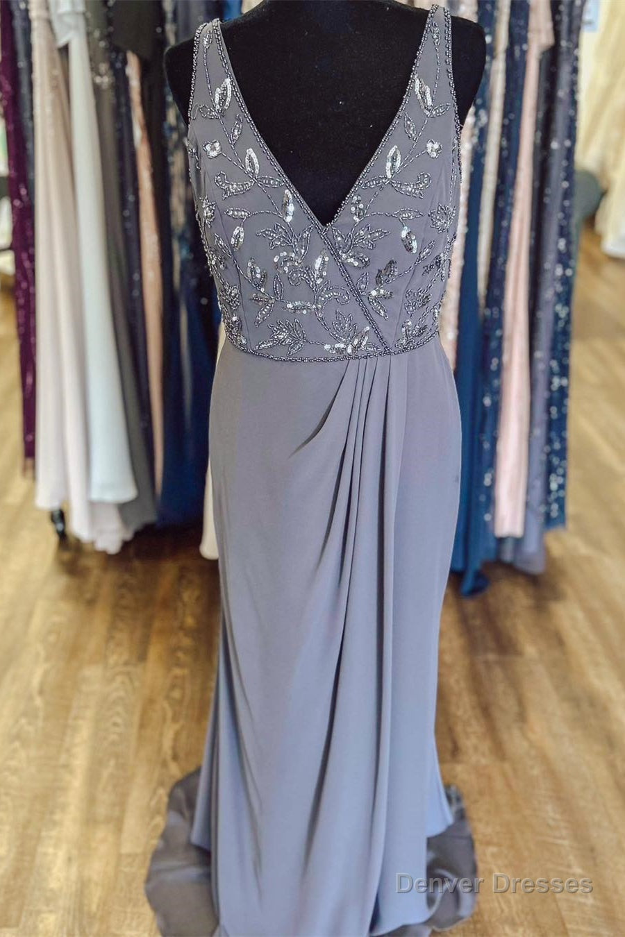 Mist Plunging V Neck Sequined Embroidery Mermaid Lone Mother of Bride Dress Main image