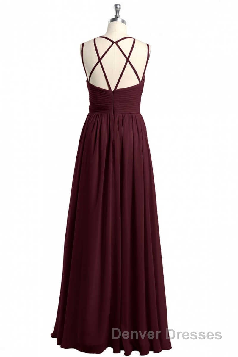 Burgundy Chiffon Spaghetti Straps A-line Long Bridesmaid Dress Secondary image