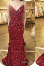 Mermaid Red Sequin V-Neck Lace-Up Back Prom Dress