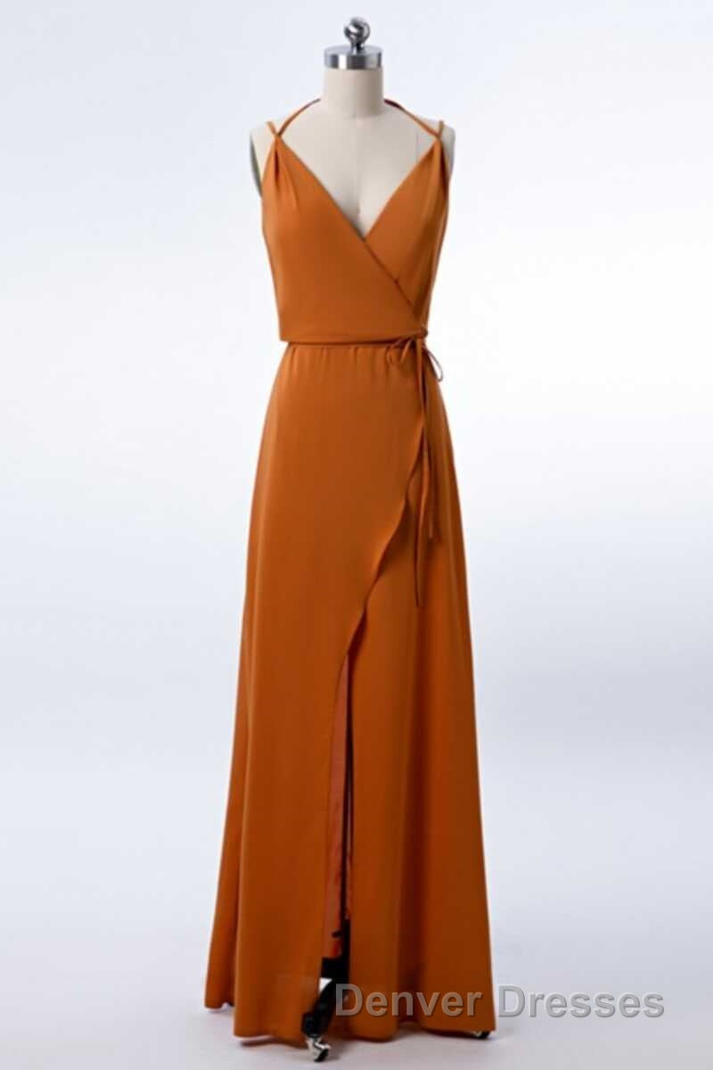 Burnt Orange Spaghetti Straps Long Bridesmaid Dress with Slit Secondary image