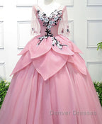 Pink V Neck Tulle Lace Applique Long Prom Dress, Pink Evening Dress, 1