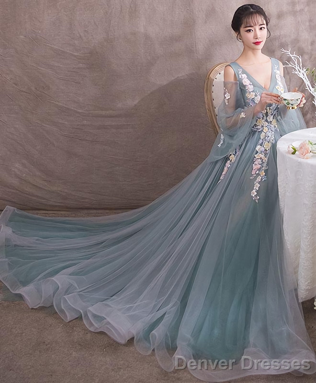 Green V Neck Tulle Lace Long Prom Dress Green Evening Dress Secondary image