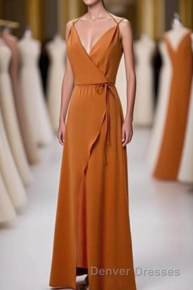 Burnt Orange Spaghetti Straps Long Bridesmaid Dress with Slit Main image