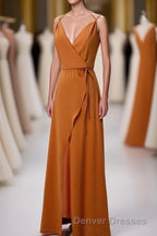 Burnt Orange Spaghetti Straps Long Bridesmaid Dress with Slit