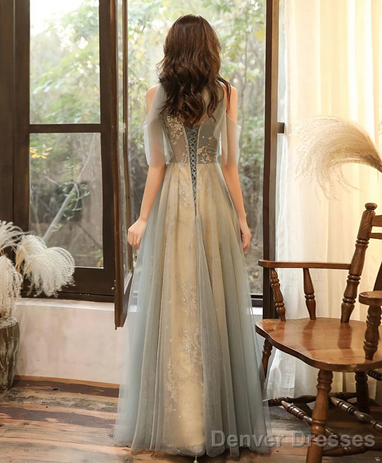 Green Tulle Hight Neck Tulle Lace Long Prom Dress Tulle Formal Dress Secondary image