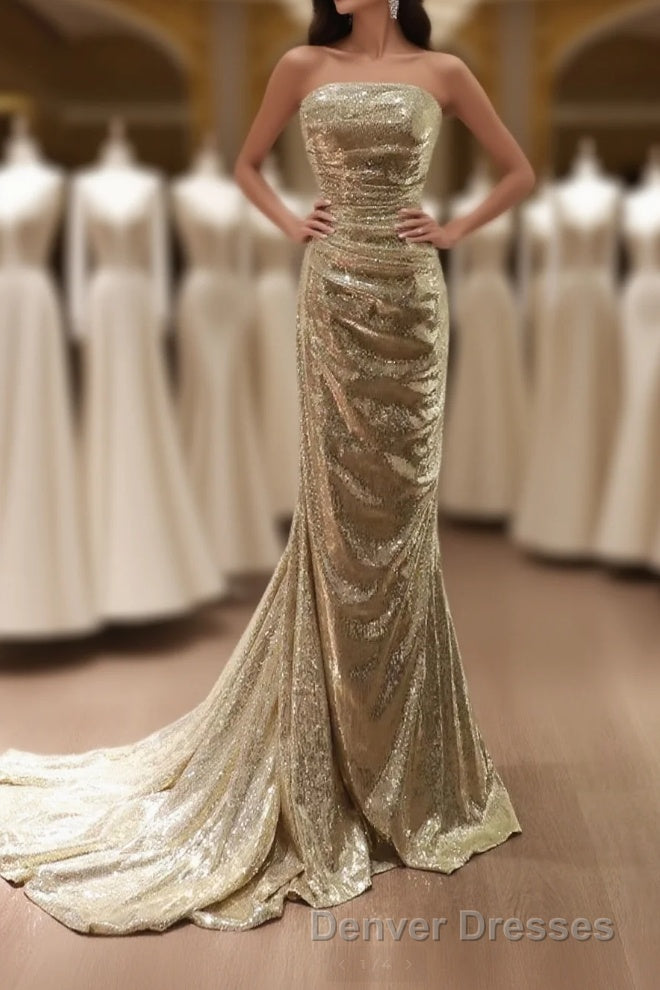 Gold Sequins Mermaid Scoop Long Evening Dress, Gold Long Prom Dress Party Dress Main image
