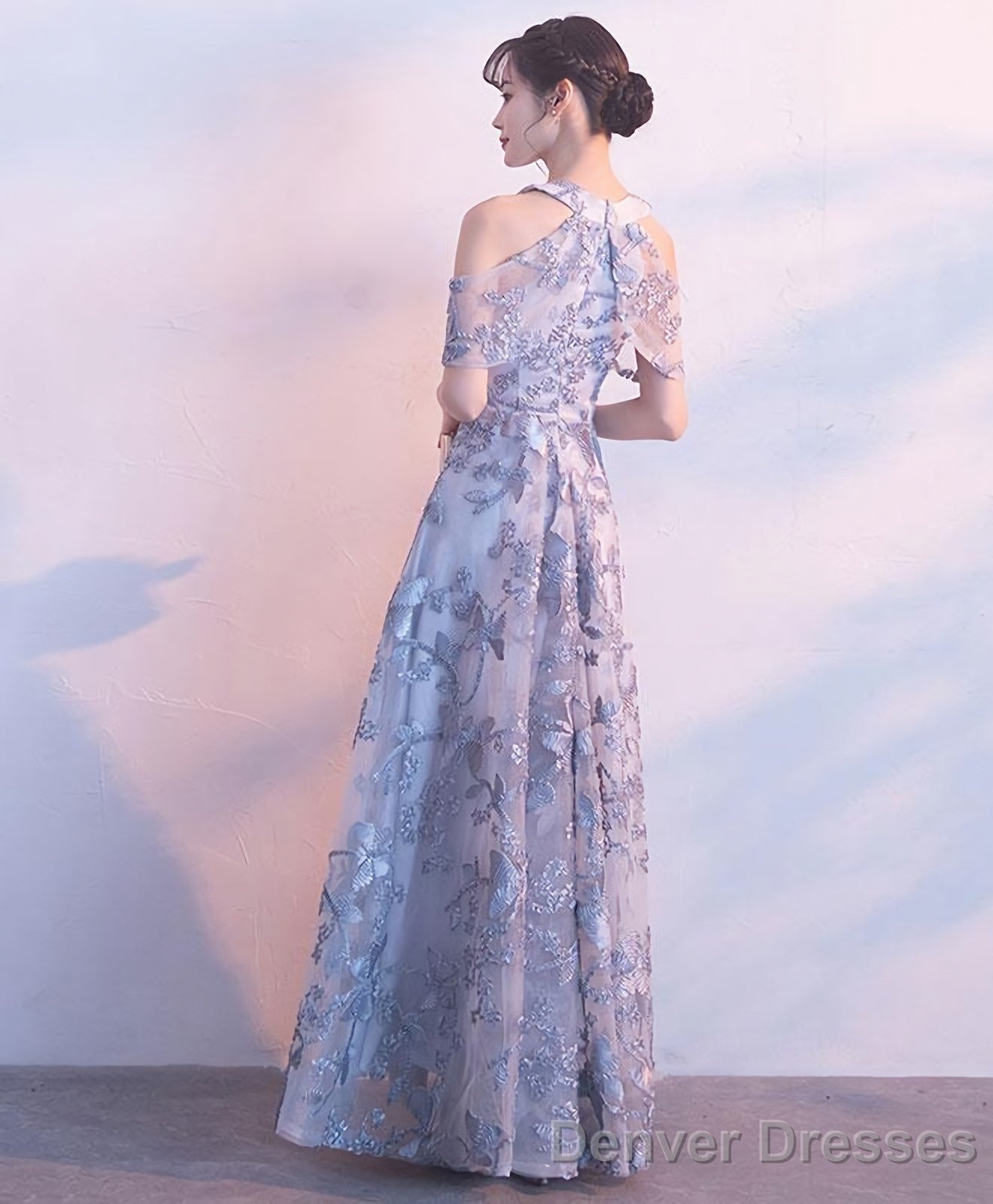 Gray Lace Long Prom Dress Gray Lace Bridesmaid Dress