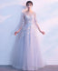 Gray Round Neck Tulle Lace Applique Long Prom Dress Gray Evening Dress