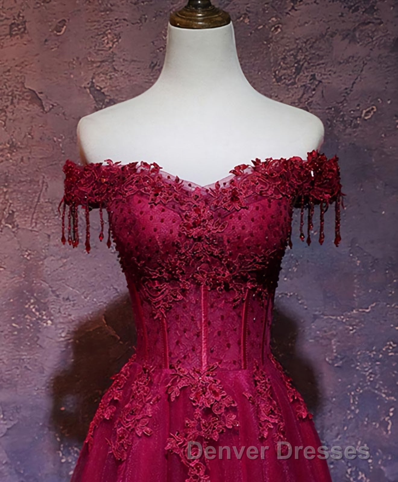Burgundy Tulle Lace Off Shoulder Long Prom Dress, Burgundy Lace Evening Dress