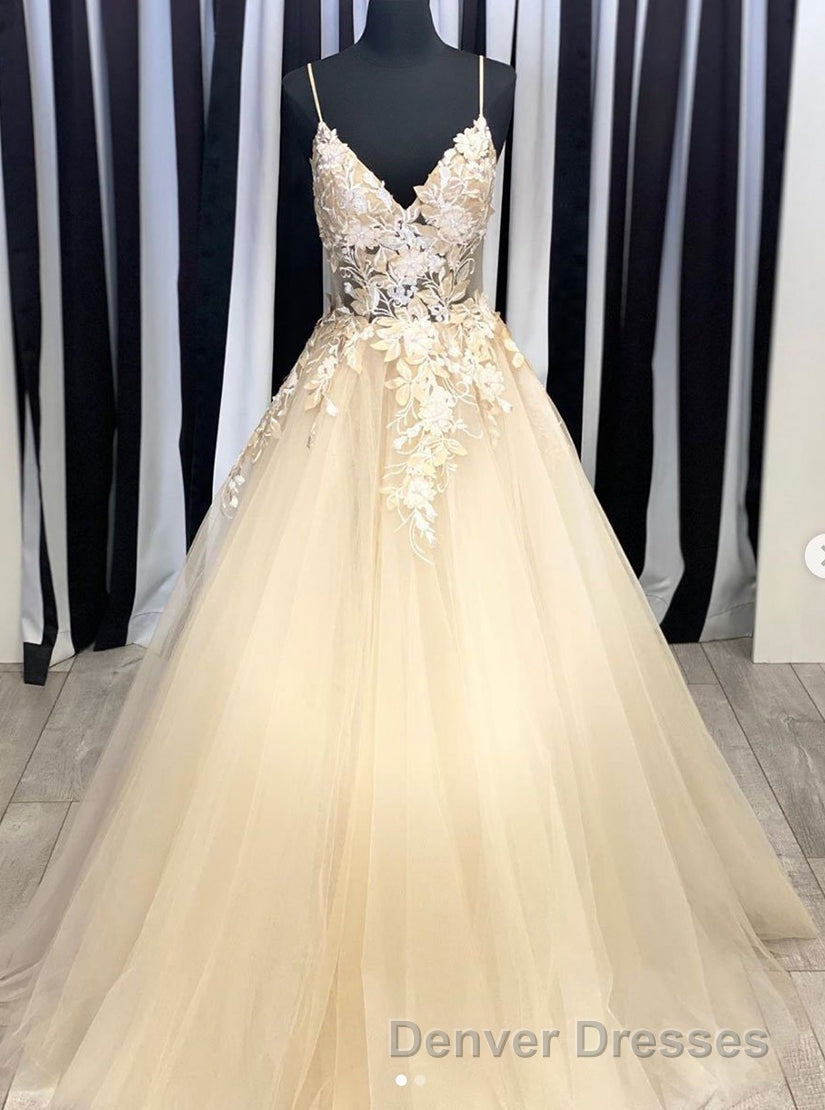 Champagne V Neck Tulle Lace Long Prom Dress Evening Dress Secondary image