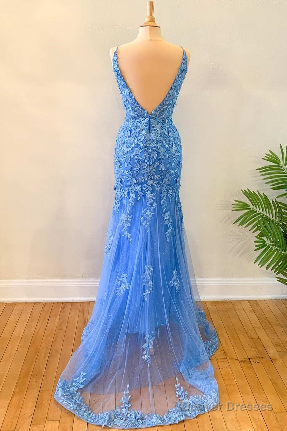 Blue Floral Appliques Backless Mermaid Long Prom Dress Secondary image
