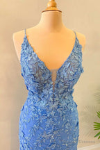 Blue Floral Appliques Backless Mermaid Long Prom Dress