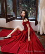 Simple V Neck Off Shoulder Satin Long Prom Dress Evening Dress