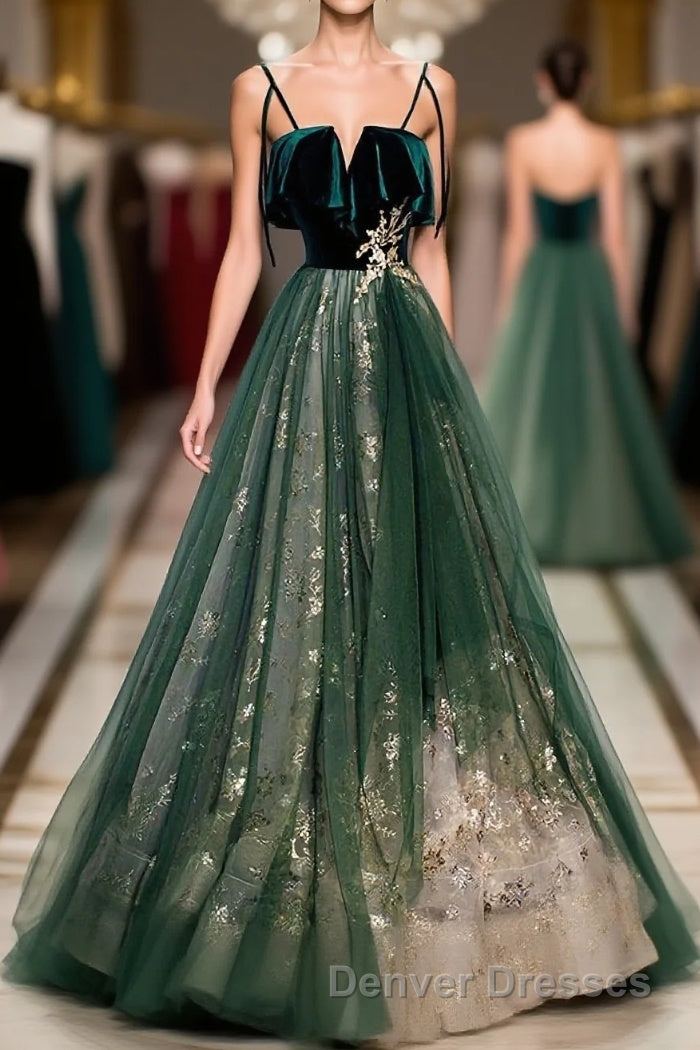 Green Tulle Lace Long Prom Dress, Green Tulle Lace Formal Dress, 1 Main image
