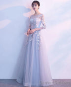 Gray Round Neck Tulle Lace Applique Long Prom Dress Gray Evening Dress