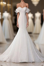 White Sequin Mermaid Long Prom Dress, White Wedding Dress