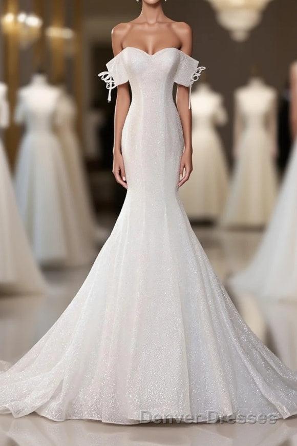 White Sequin Mermaid Long Prom Dress, White Wedding Dress