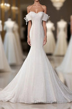 White Sequin Mermaid Long Prom Dress, White Wedding Dress