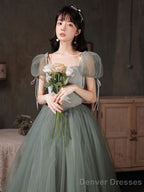 Gray Green Tulle Long Prom Dress Green Tulle Formal Dress