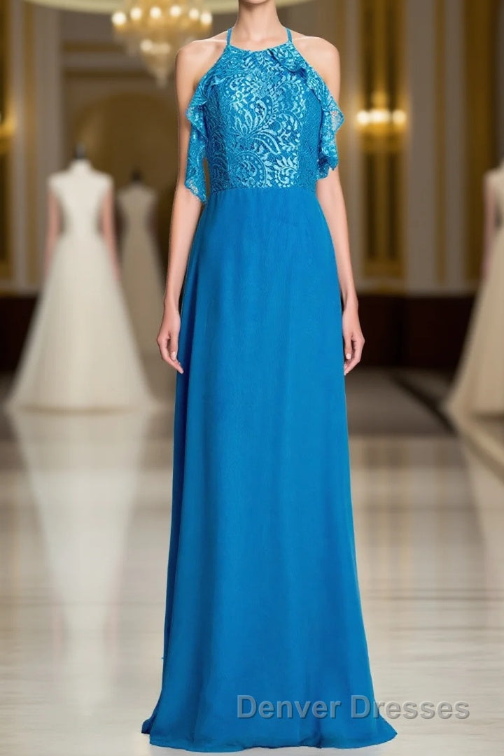 Blue A-line Lace and Chiffon Full Length Bridesmaid Dress