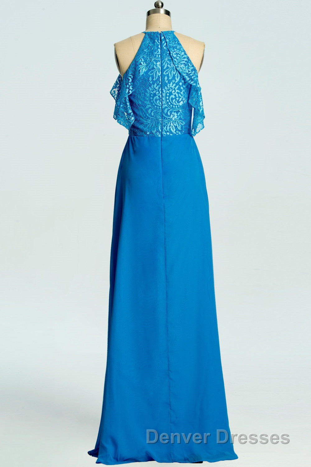 Blue A-line Lace and Chiffon Full Length Bridesmaid Dress