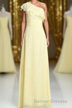 One Shoulder Yellow Ruffles A-line Long Bridesmaid Dress
