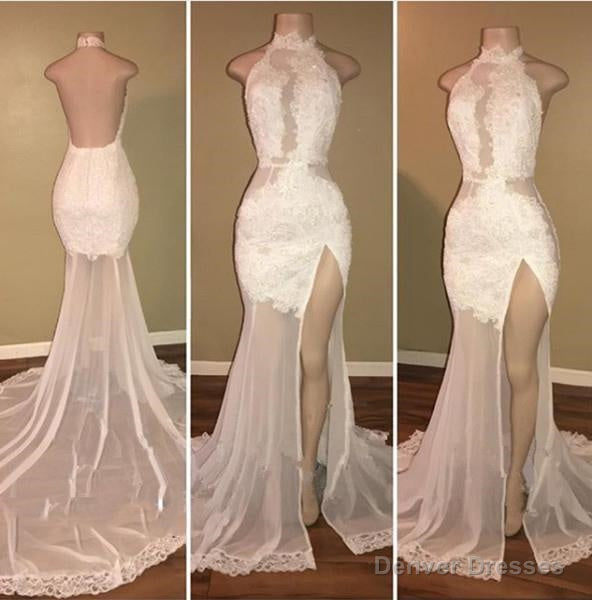 New Arrival Sheath White High Neck Side Slit Lace Backless See Through African Prom Dresses Main image