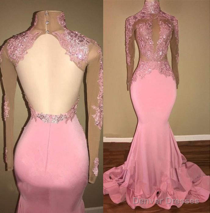 Alluring Pink Mermaid Long Sleeves Backless Elastic Satin Open Front High Neck Prom Dresses Main image