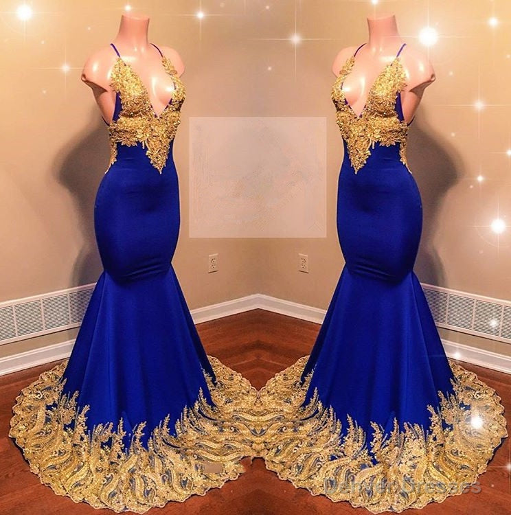 Amazing Royal Blue Mermaid With Gold Appliques Sweetheart Spaghetti Straps Backless Prom Dresses Main image