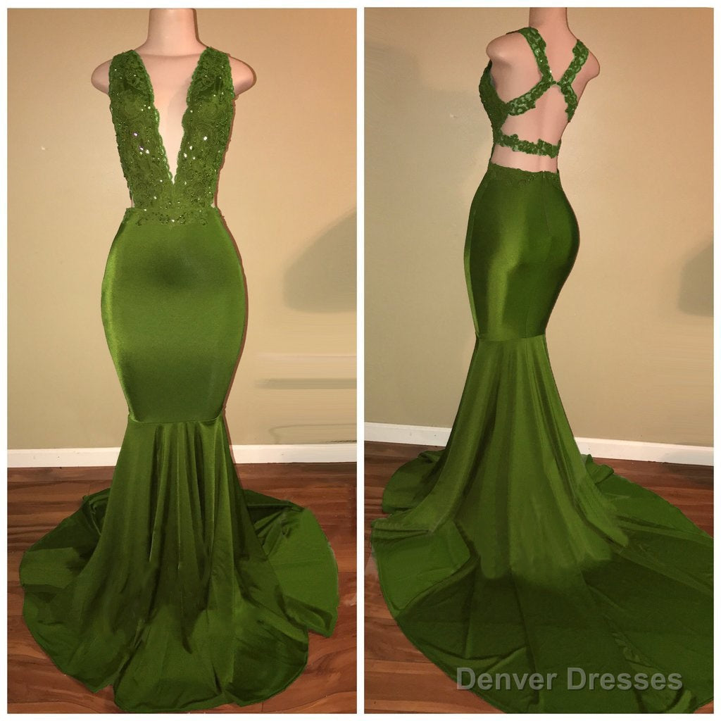 Green Mermaid Deep V Neck Criss Cross Backless Long Prom Dresses Main image