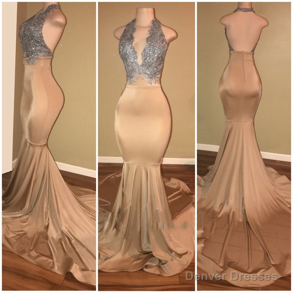 Champagne With Silver Appliques Mermaid Deep V Open Front Backless Long Prom Dresses Main image