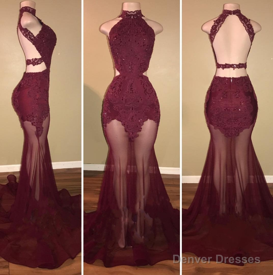 Burgundy Mermaid See Through Backless Tulle African Prom Dresses Main image
