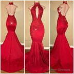 Sexy Mermaid Red High Neck Backless African Open Front Long Prom Dresses