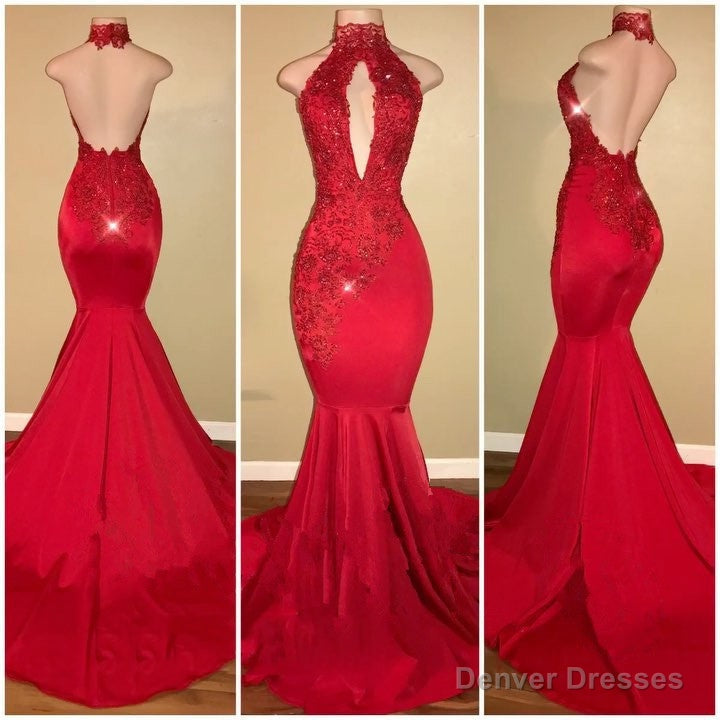 Sexy Mermaid Red High Neck Backless African Open Front Long Prom Dresses