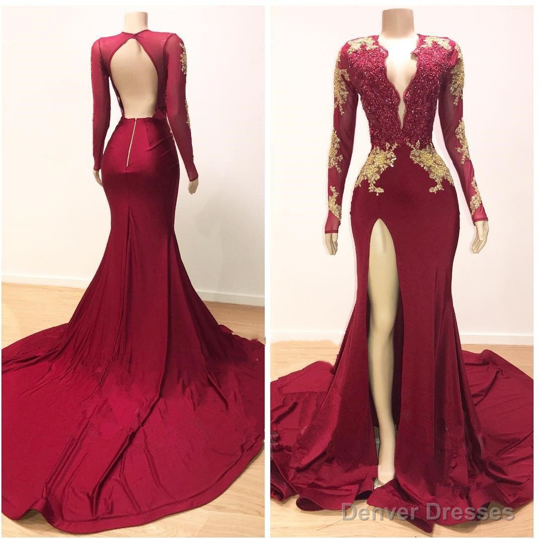 2025 Sexy Sheath Long Sleeves Burgundy and Gold Appliques Side Slit Deep V Neck African American Backless Prom Dresses Main image