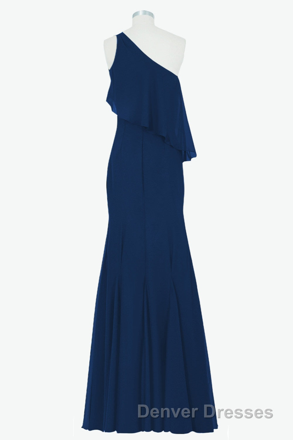 One Shoulder Navy Blue Flounce Mermaid Long Bridesmaid Dress Secondary image