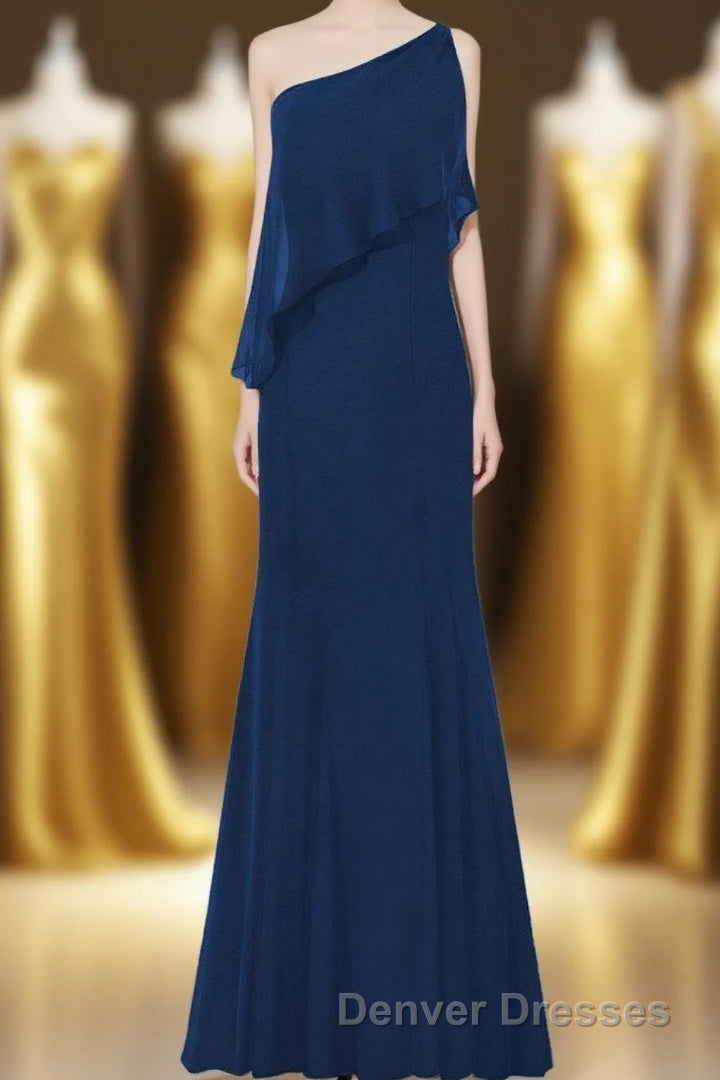 One Shoulder Navy Blue Flounce Mermaid Long Bridesmaid Dress Main image
