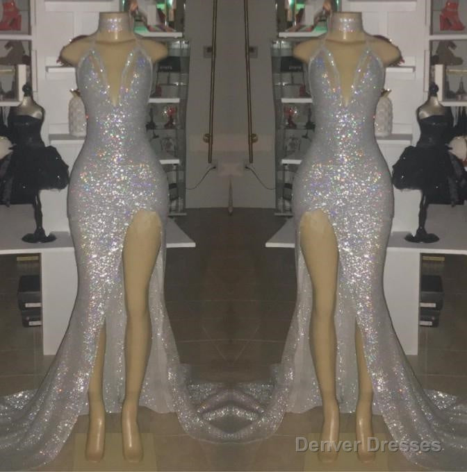 2025 Sexy Silver Halter V-neck Side Split Sequins Prom Dresses Main image