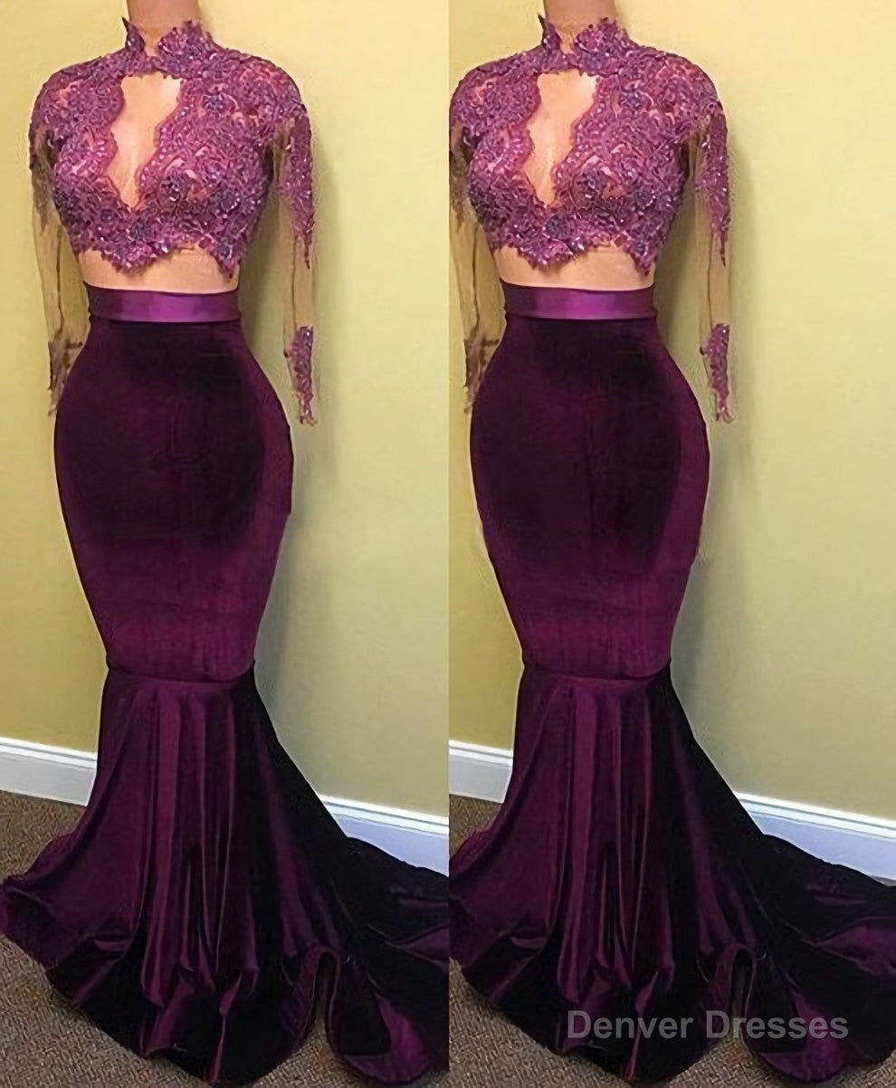 Two Piece Long Sleeve Mermaid Turtle Neck Applique Prom Dresses Main image