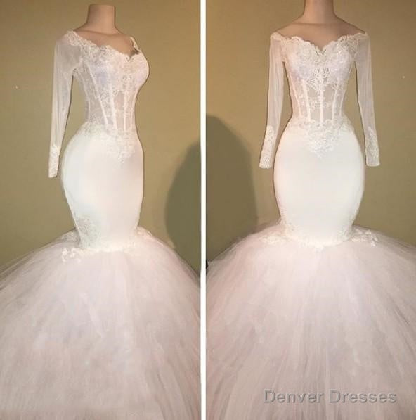 Long Sleeve White Off Shoulder Mermaid Droped Tulle Applique Wedding Dresses Main image