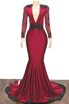 2025 Elegant Mermaid/Trumpet V Neck Long Sleeve Applique Beaded Backless Satin Prom Dresses