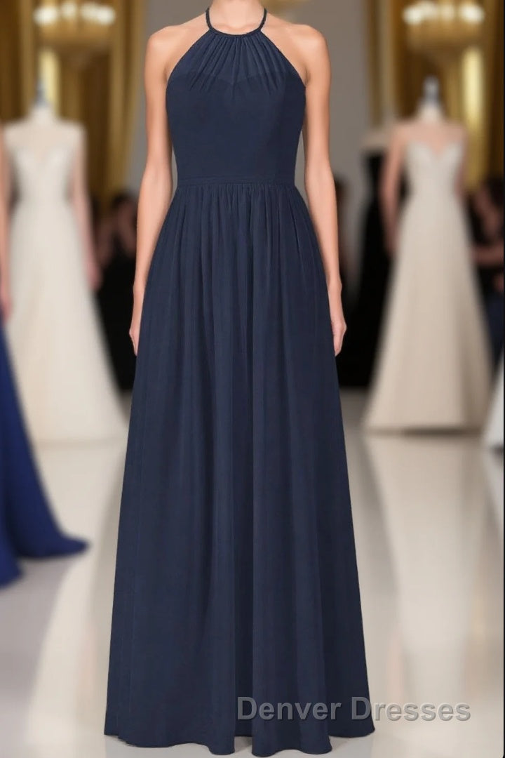Elegant Navy Blue Chiffon A-line Long Bridesmaid Dress Main image