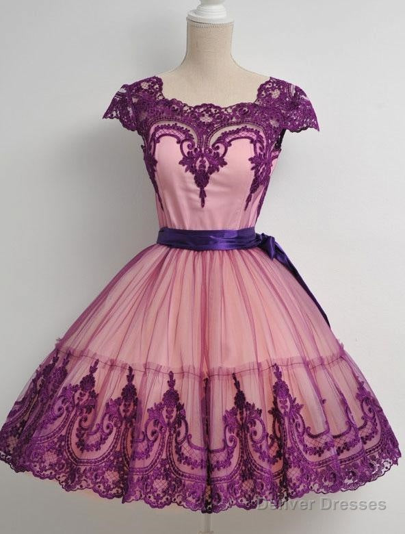 Square Neck Fuchsia Cap Sleeve A Line Appliques Lace Ribbon Trim Homecoming Dresses Secondary image